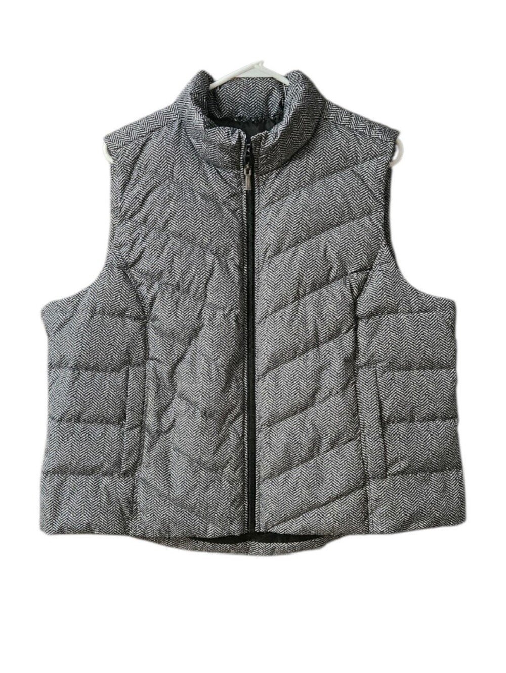 Lands' End Women's Quilted Puffer Vest Herringbone Down Filled 1X Black White